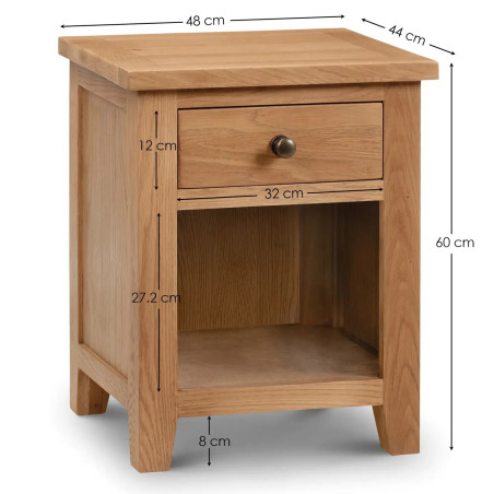 Marlborough 1 Drawer Bedside in Oak Finsih dimensions