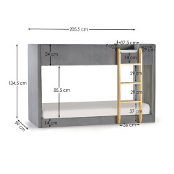 Daytona Bunk Bed in Grey Velvet Fabric dimensions