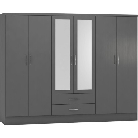 Nevada 6 Door 2 Drawer Mirrored Wardrobe 3D Effect Grey front