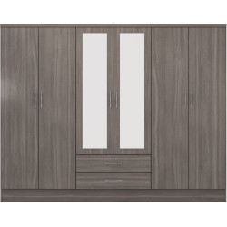 Nevada 6 Door Mirrored Wardrobe Black Wood Grain front