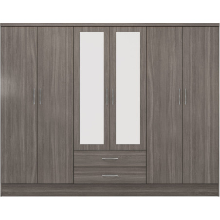 Nevada 6 Door Mirrored Wardrobe Black Wood Grain front