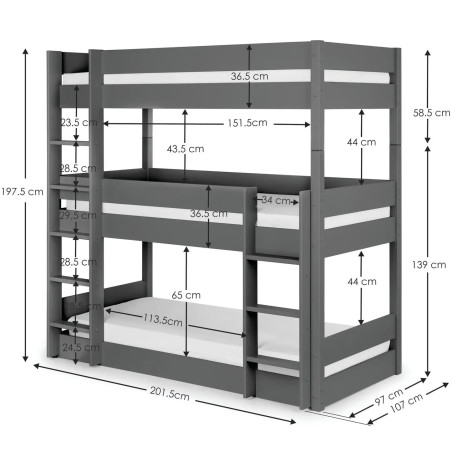 Trio Bunk Bed black dimensions