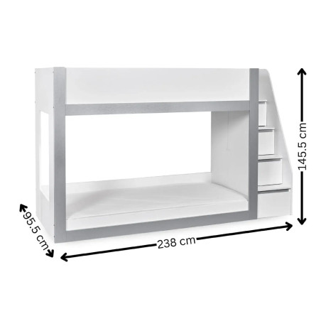 Gaia Single Bunk Bed White and Silver dimensions