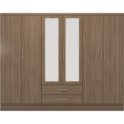 Nevada 6 Door 2 Drawer Mirrored Wardrobe Rustic Oak Effect front view