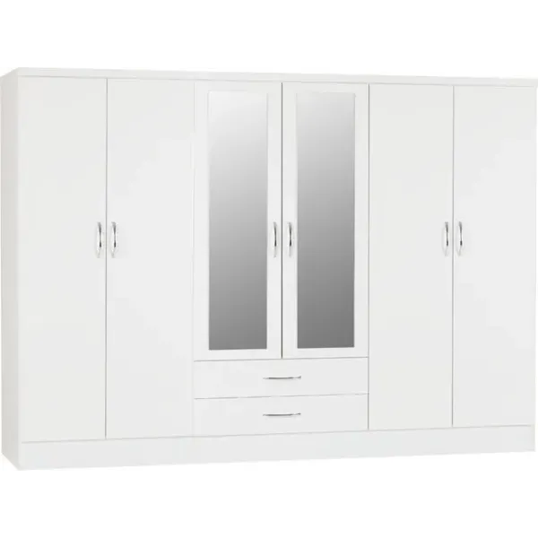 Nevada 6 Door 2 Drawer Mirrored Wardrobe White Gloss - Home Divine