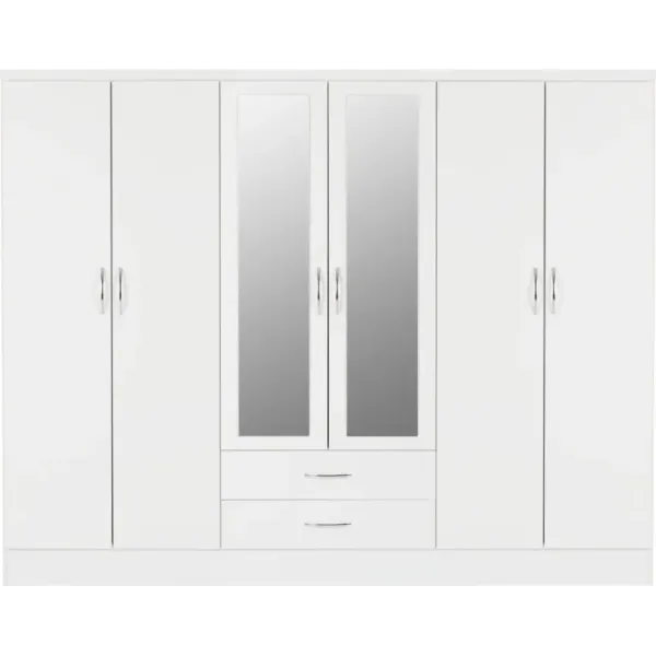 Nevada 6 Door 2 Drawer Mirrored Wardrobe White Gloss - Home Divine