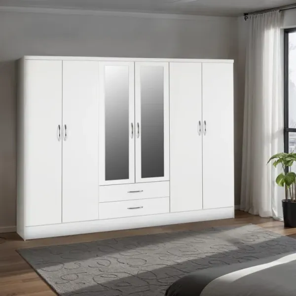 Nevada 6 Door 2 Drawer Mirrored Wardrobe White Gloss - Home Divine