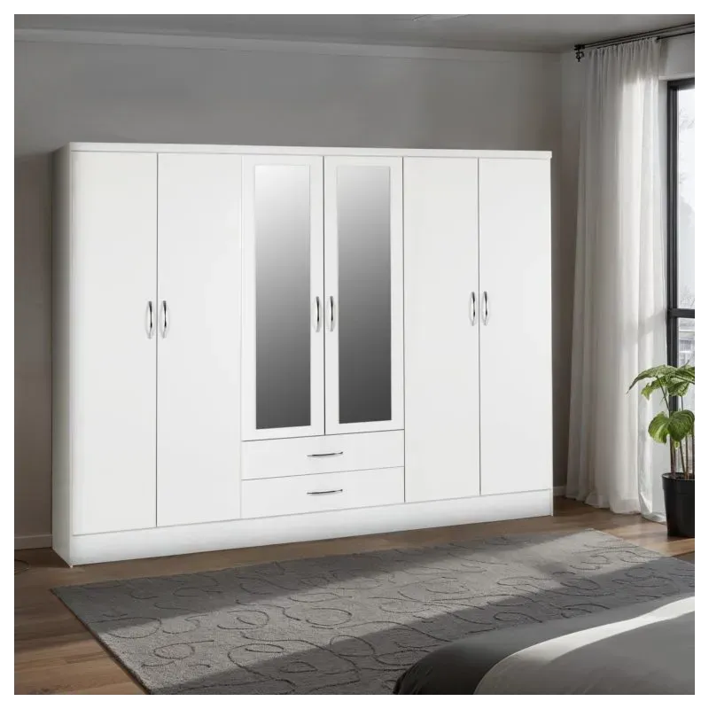 Nevada 6 Door 2 Drawer Mirrored Wardrobe White Gloss - Home Divine Nevada 6 Door 2 Drawer Mirrored Wardrobe White Gloss - Home Divine