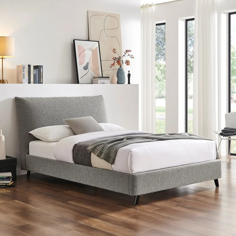 Luna Pillow Boucle Fabric Bed Frame Wood Slatted Base grey