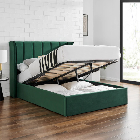 Polaris Luxury Upholstered Fabric Ottoman Storage Bed Frame Green opened
