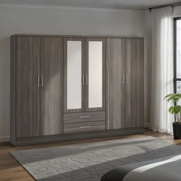 Nevada 6 Door 2 Drawer Mirrored Wardrobe Black Wood Grain - Home Divine