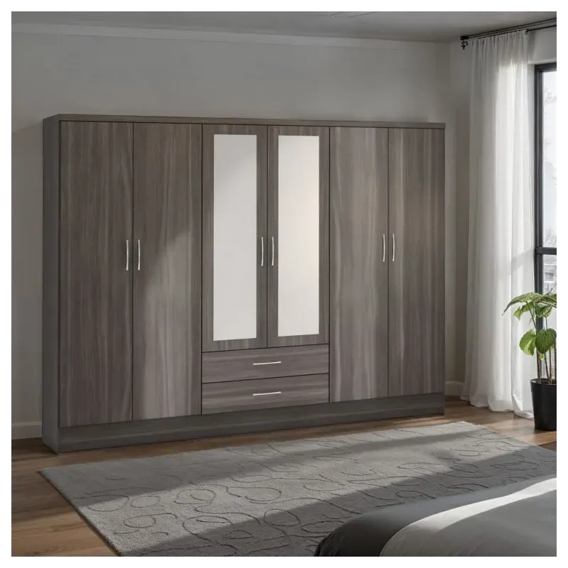 Nevada 6 Door 2 Drawer Mirrored Wardrobe Black Wood Grain - Home Divine Nevada 6 Door 2 Drawer Mirrored Wardrobe Black Wood Grain - Home Divine