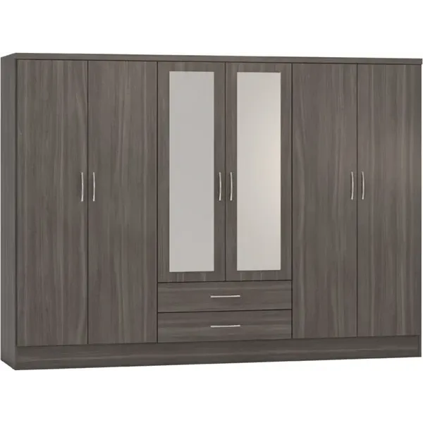 Nevada 6 Door 2 Drawer Mirrored Wardrobe Black Wood Grain - Home Divine