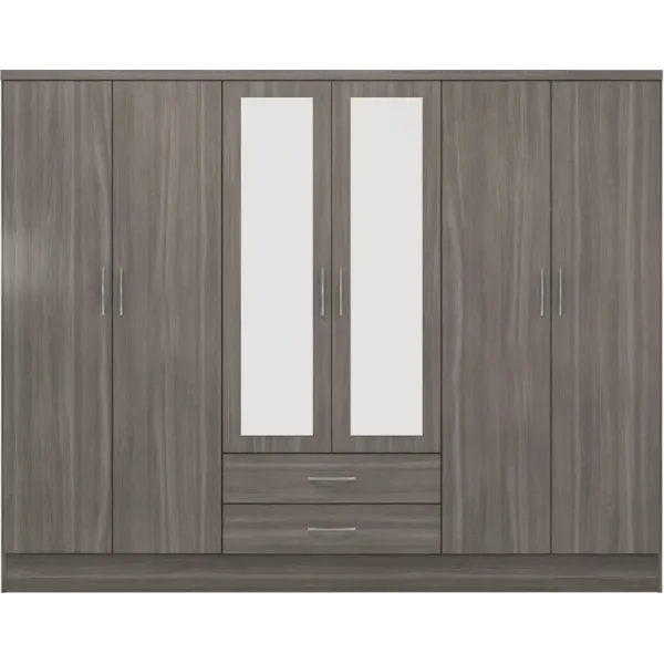 Nevada 6 Door 2 Drawer Mirrored Wardrobe Black Wood Grain - Home Divine