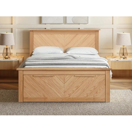 Kenji Oak Wooden Bed Frame with Storage Drawer Chevron Detailing front