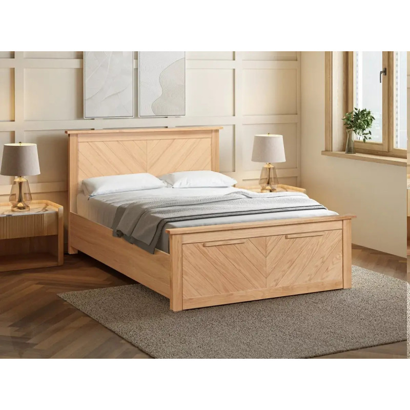 Kenji Oak Wooden Bed Frame with Storage Drawer Chevron Detailing closed