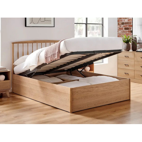 Juno Storage Bed Frame Oak Wooden Slatted Base opened