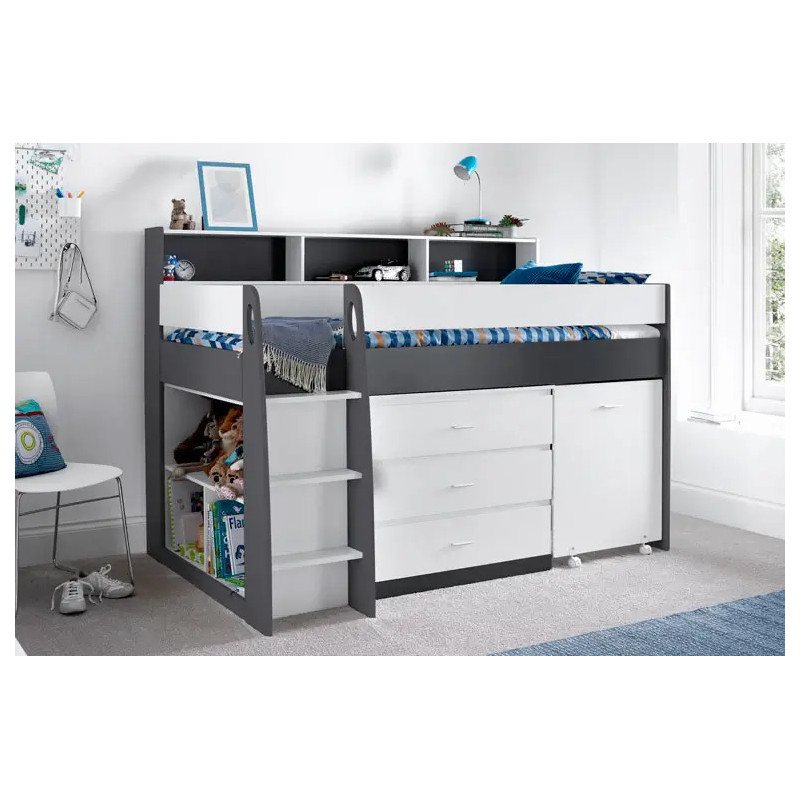 Ersa Mid Sleeper Bed With Storage Drawers and Desk White and Grey ladder