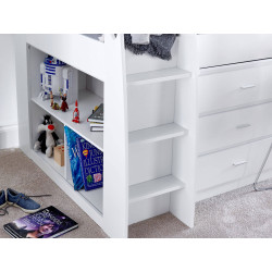 Ersa Mid Sleeper Bed With Storage Drawers and Desk White ladder