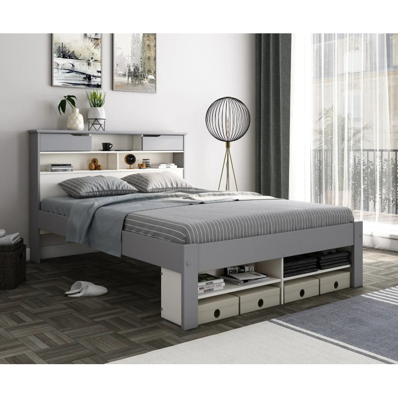 Fabio Wooden Storage Bed with Bookcase Style Headboard white and grey