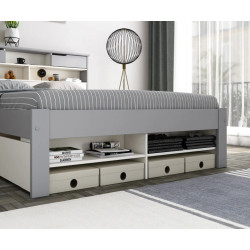 Fabio Wooden Storage Bed with Bookcase Style Headboard white and grey drawers