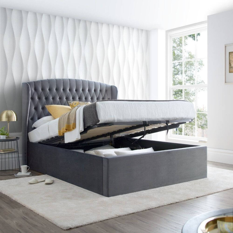 Warwick Velvet Fabric Ottoman Storage Bed Frame with Winged Headboard grey