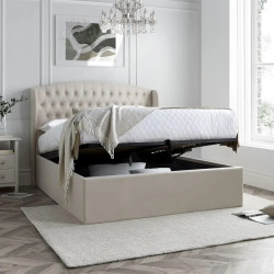 Warwick Velvet Fabric Ottoman Storage Bed Frame with Winged Headboard natural