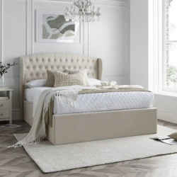 Warwick Velvet Fabric Ottoman Storage Bed Frame with Winged Headboard natural closed