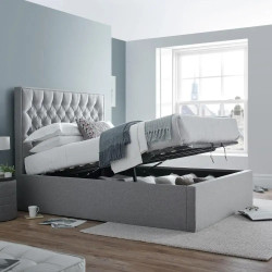 Wilson Ottoman Storage Fabric Bed Frame with Buttoned Headboard grey opened