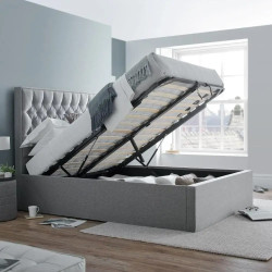 Wilson Ottoman Storage Fabric Bed Frame with Buttoned Headboard grey lift up