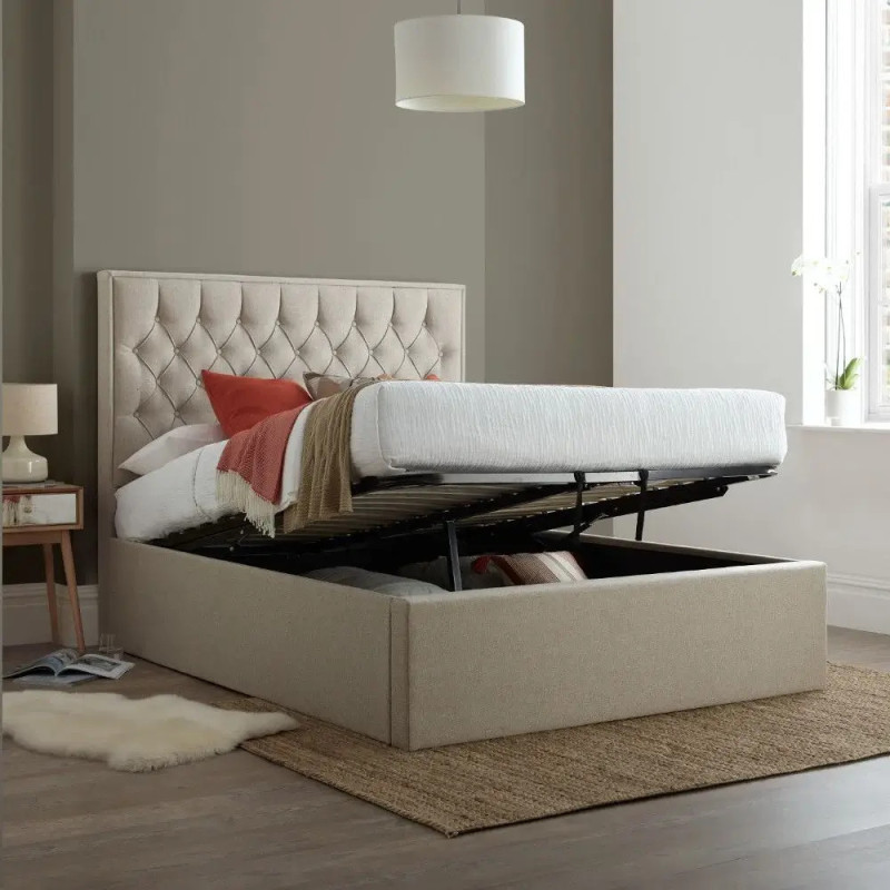 Wilson Ottoman Storage Fabric Bed Frame with Buttoned Headboard natural