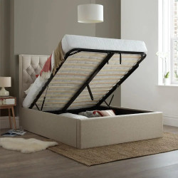 Wilson Ottoman Storage Fabric Bed Frame with Buttoned Headboard natural lift up