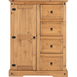 Corona 1 Door 4 Drawer Low Wardrobe Distressed Waxed Pine front