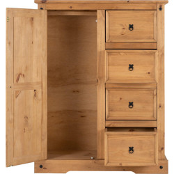 Corona 1 Door 4 Drawer Low Wardrobe Distressed Waxed Pine open
