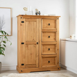 Corona 1 Door 4 Drawer Low Wardrobe Distressed Waxed Pine
