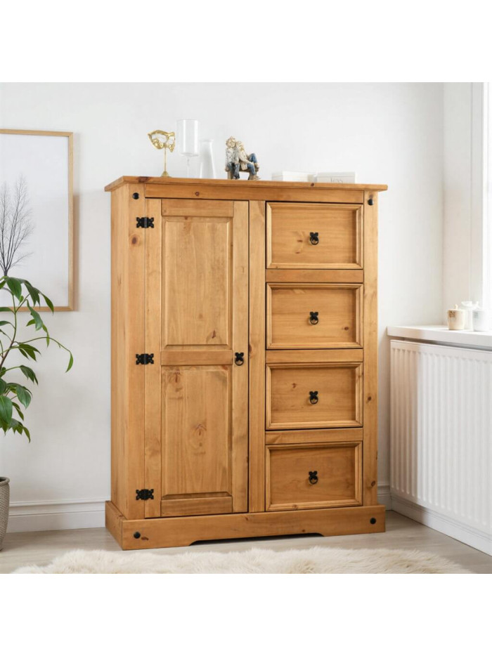 Corona 1 Door 4 Drawer Low Wardrobe Distressed Waxed Pine