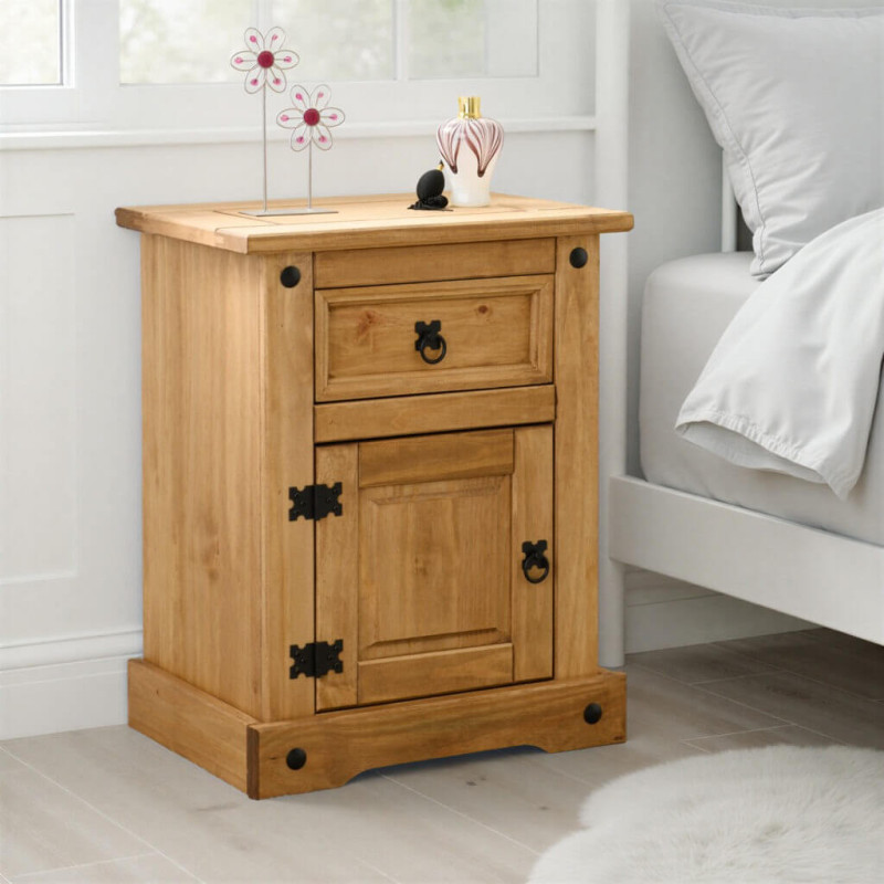 Corona 1 Drawer 1 Door Bedside Cabinet Distressed Waxed Pine