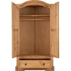 Corona 2 Door 1 Drawer Wardrobe Distressed Waxed Pine opened