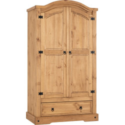 Corona 2 Door 1 Drawer Wardrobe Distressed Waxed Pine closed