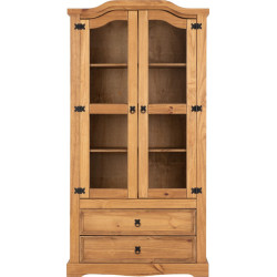 Corona 2 Door 2 Drawer Glass Display Unit Distressed Waxed Pine/Clear Glass front