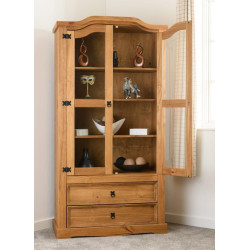 Corona 2 Door 2 Drawer Glass Display Unit Distressed Waxed Pine/Clear Glass