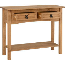 Corona 2 Drawer Console Table With Shelf Distressed Waxed Pine opened