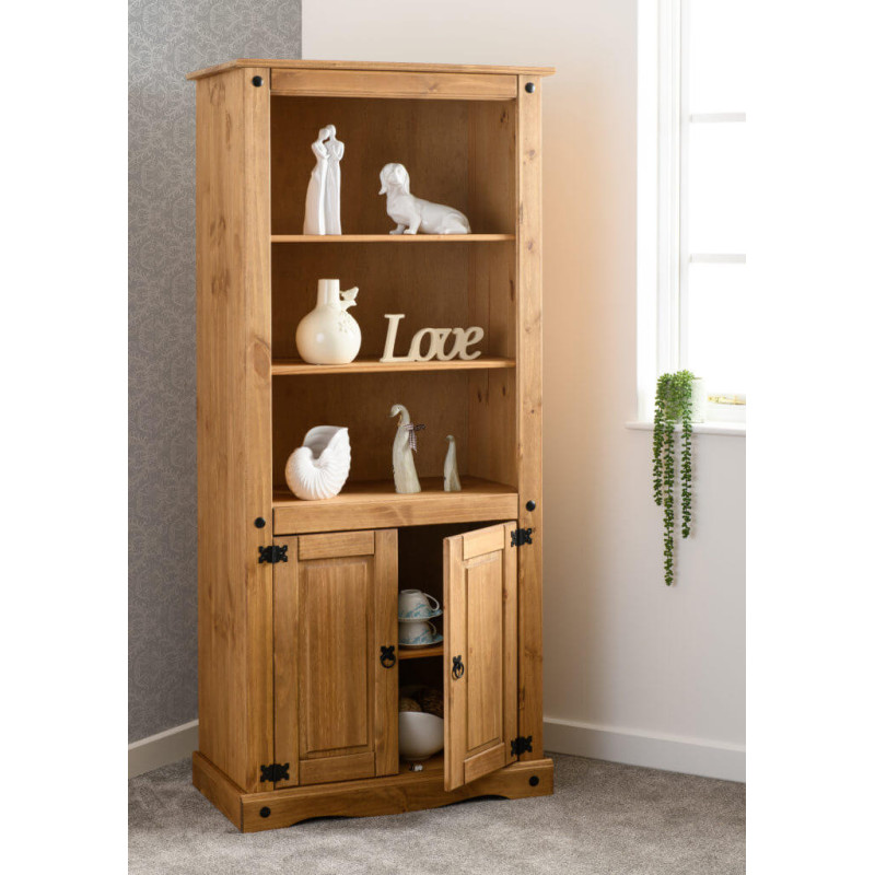 Corona 2 Door Display Unit/Bookcase Distressed Waxed Pine