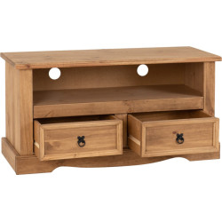 Corona 2 Drawer Flat Screen TV Unit Distressed Waxed Pine opened