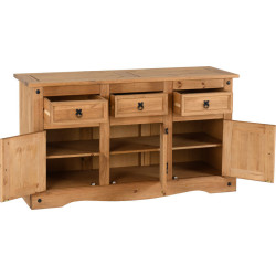 Corona 3 Door 3 Drawer Sideboard Distressed Waxed Pine opened