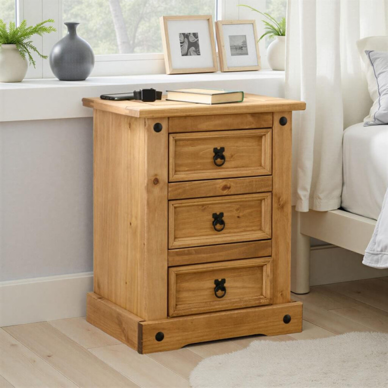 Corona 3 Drawer Bedside Chest Distressed Waxed Pine