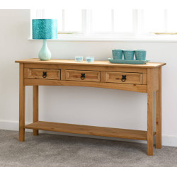 Corona 3 Drawer Console Table With Shelf Distressed Waxed Pine
