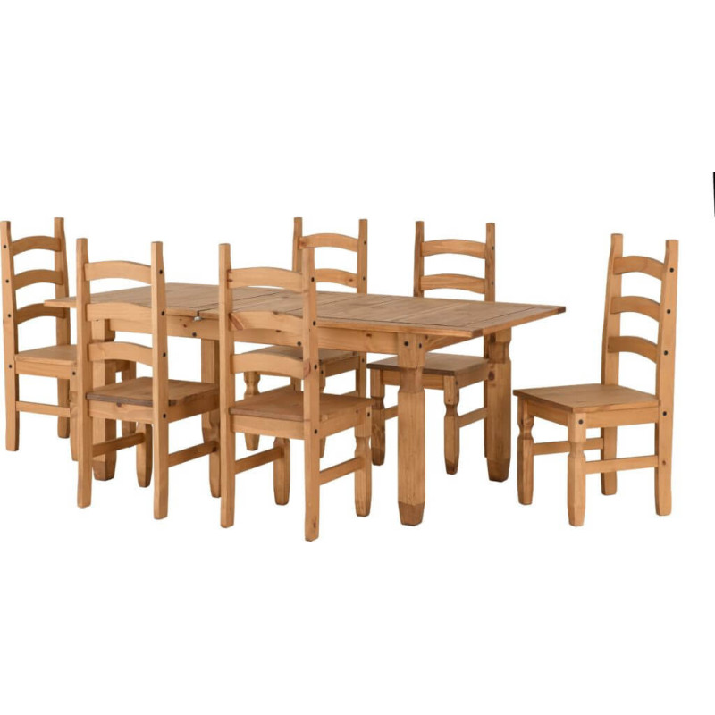 Corona Extending Dining Set with 6 Chairs Distressed Waxed Pine