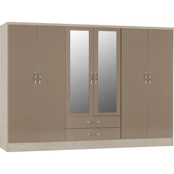 Nevada 6 Door 2 Drawer Mirrored Wardrobe Oyster Gloss/Light Oak Effect Veneer