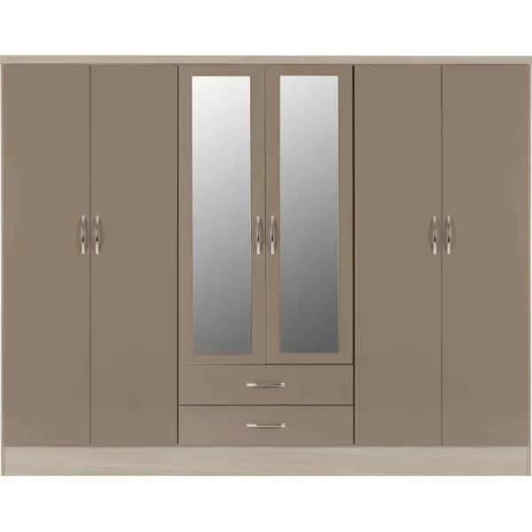 Nevada 6 Door 2 Drawer Mirrored Wardrobe Oyster Gloss/Light Oak Effect Veneer